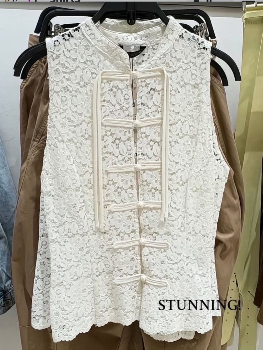 Zara NWT viral frog mandarin Sleeveless Lace Mandarin Button Front Top - White